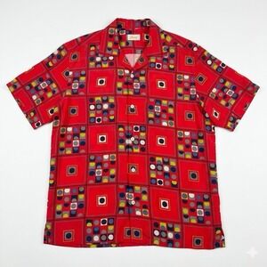 VTG Brioni Rayon Shirt Mens S Red Geometric Abstract Camp Resort Oversize